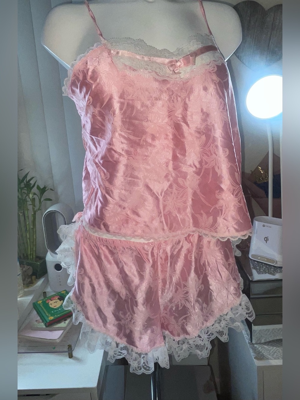 Delicate Pink Satin Lace Camisole & Short Set - Women Intimates